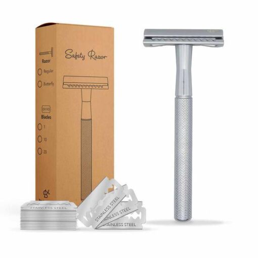 Black Friday 2022 Aparat de ras clasic din otel inoxidabil Safety Razor Matte Silver si set de 20 lame
