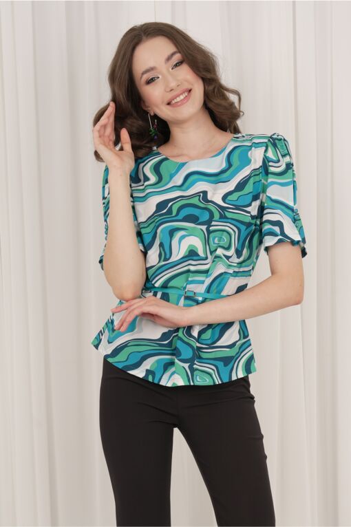 Black Friday Bluza Ada verde cu imprimeuri turcoaz si curea in talie