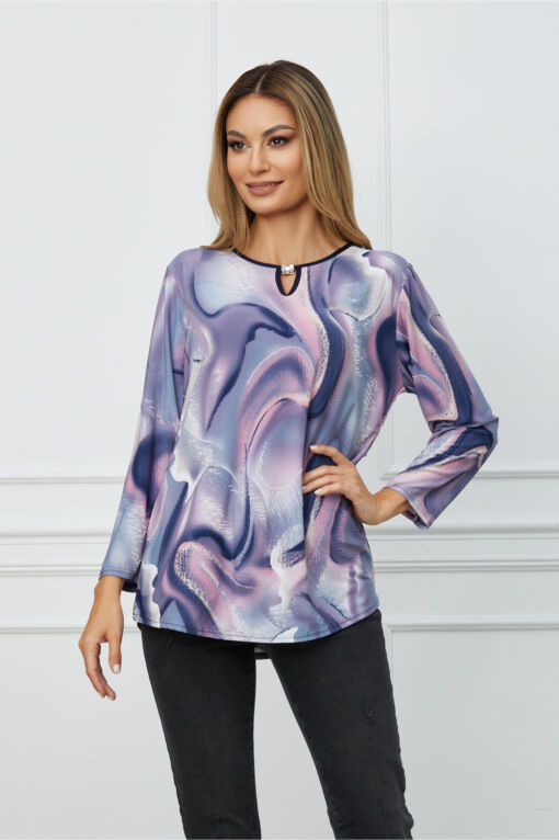 Black Friday 2022 Bluza Adelina bleu cu imprimeu roz si bej