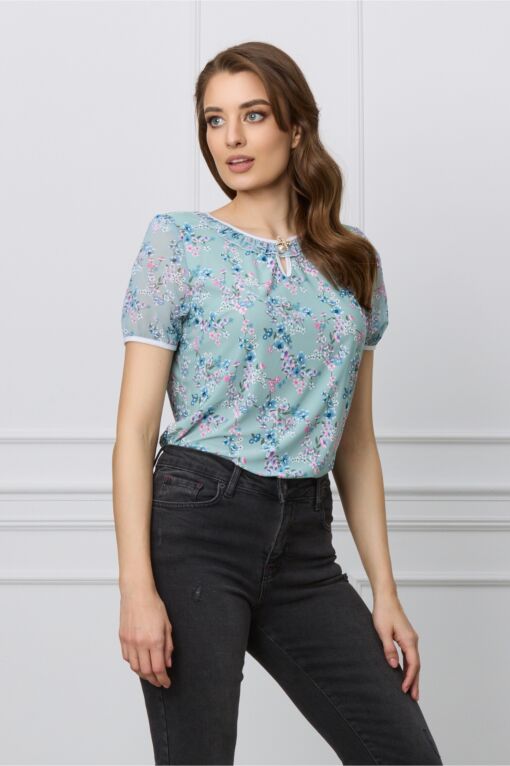 Black Friday Bluza Adina verde mint cu floricele roz