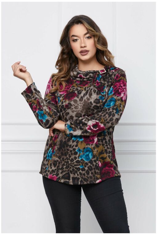 Black Friday 2022 Bluza Cristina maro cu flori si aplicatie la decolteu