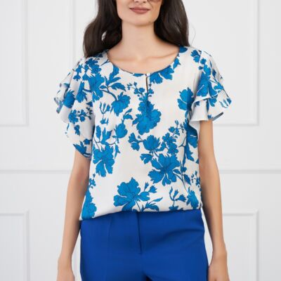 Black Friday Bluza DY Fashion alba imprimeu floral albastru si volane pe maneci