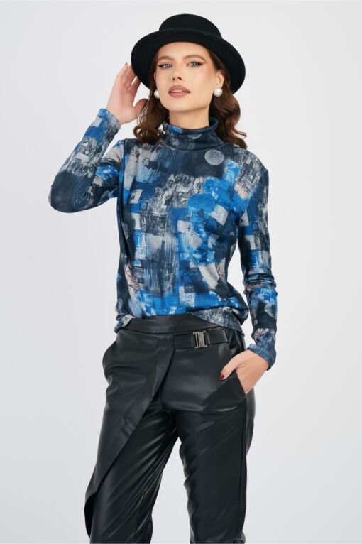 Black Friday Bluza DY Fashion albastra cu imprimeuri din tricot cu guler