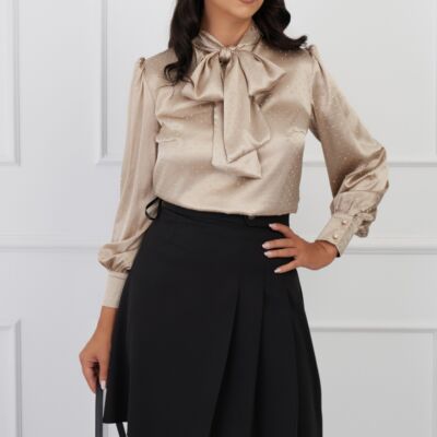 Black Friday Bluza DY Fashion bej cu strasuri si guler tip esarfa