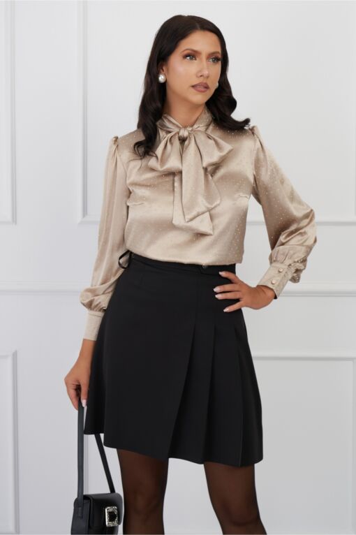 Black Friday Bluza DY Fashion bej cu strasuri si guler tip esarfa