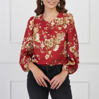 Black Friday Bluza DY Fashion bordo cu imprimeuri florale si nasture la decolteu