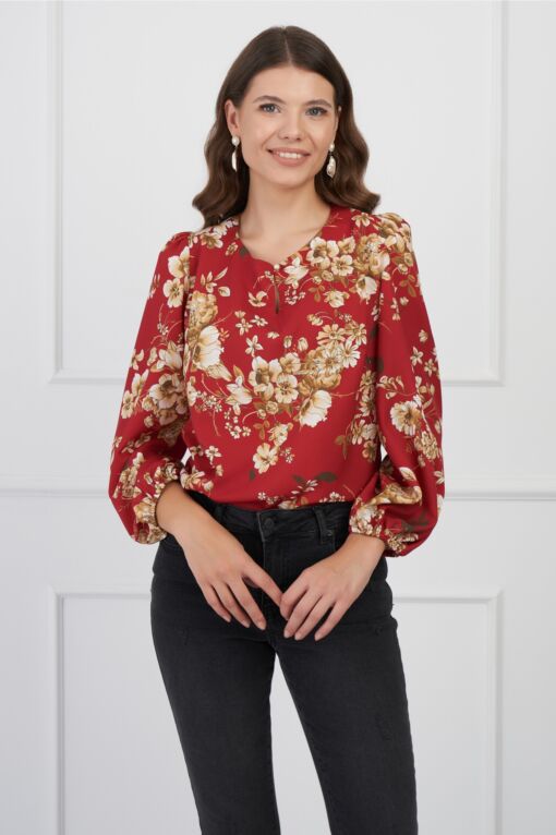 Black Friday Bluza DY Fashion bordo cu imprimeuri florale si nasture la decolteu