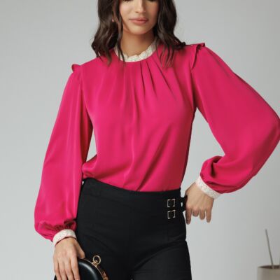 Black Friday Bluza DY Fashion eleganta din voal fucsia cu dantela la guler si mansete