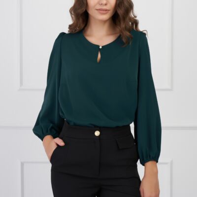 Black Friday 2022 Bluza DY Fashion verde inchis si nasture la decolteu