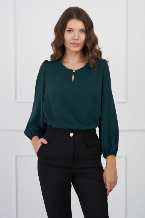 Black Friday 2022 Bluza DY Fashion verde inchis si nasture la decolteu