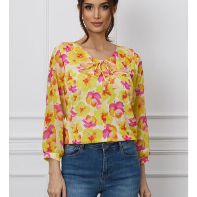 Black Friday 2022 Bluza Daria galbena cu imprimeuri florale fucsia