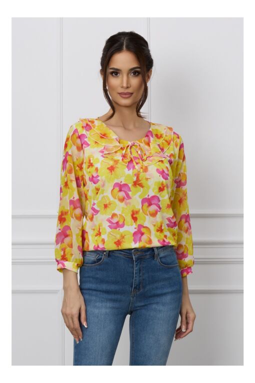 Black Friday 2022 Bluza Daria galbena cu imprimeuri florale fucsia