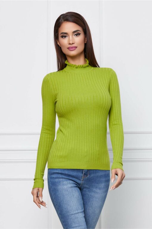 Black Friday 2022 Bluza Daria lime din tricot reiat cu guler inalt