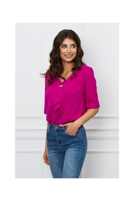 Black Friday 2022 Bluza Darina magenta cu aplicatie tip cravata la decolteu
