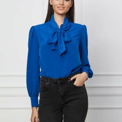 Black Friday 2022 Bluza Dy Fashion albastra cu guler tip esarfa