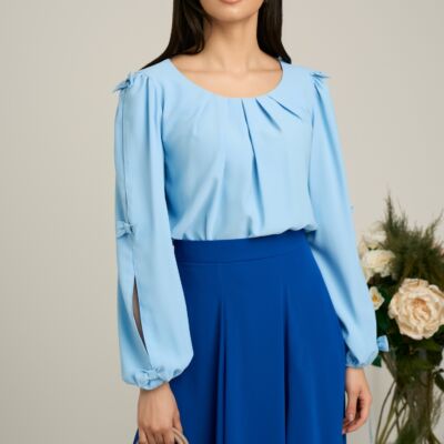 Black Friday Bluza Dy Fashion bleu din voal plin cu maneci crapate si fundite