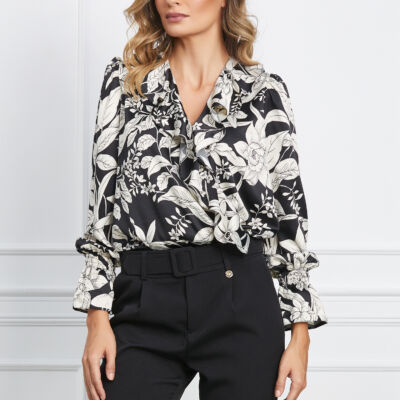 Black Friday 2022 Bluza Dy Fashion din satin neagra cu flori alba si volan pe bust