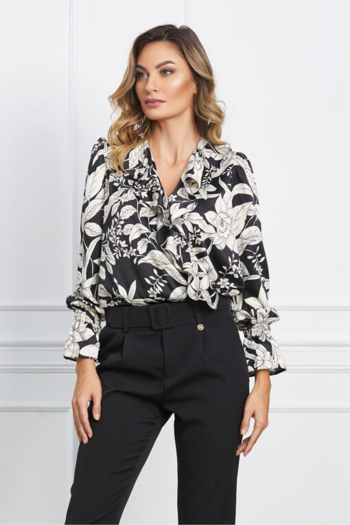 Black Friday 2022 Bluza Dy Fashion din satin neagra cu flori alba si volan pe bust