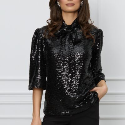 Black Friday Bluza Dy Fashion neagra din paiete cu funda la guler