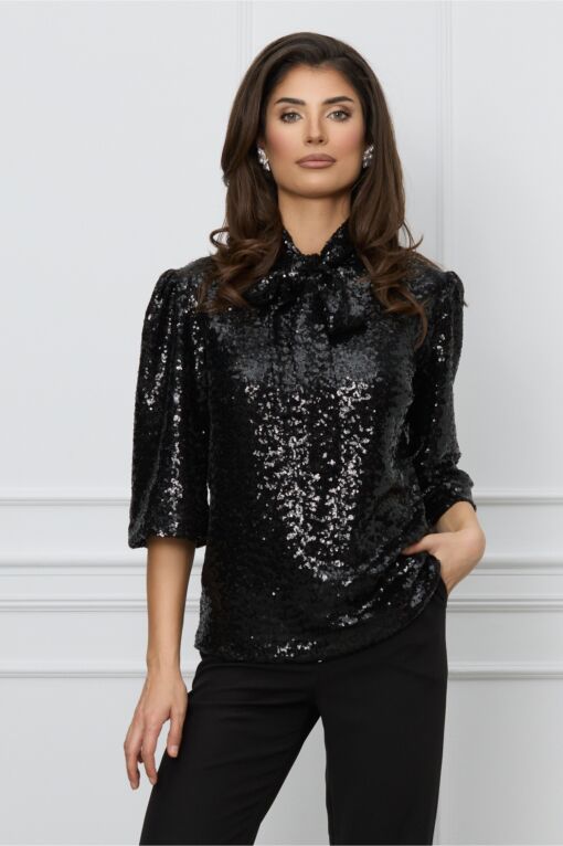 Black Friday Bluza Dy Fashion neagra din paiete cu funda la guler