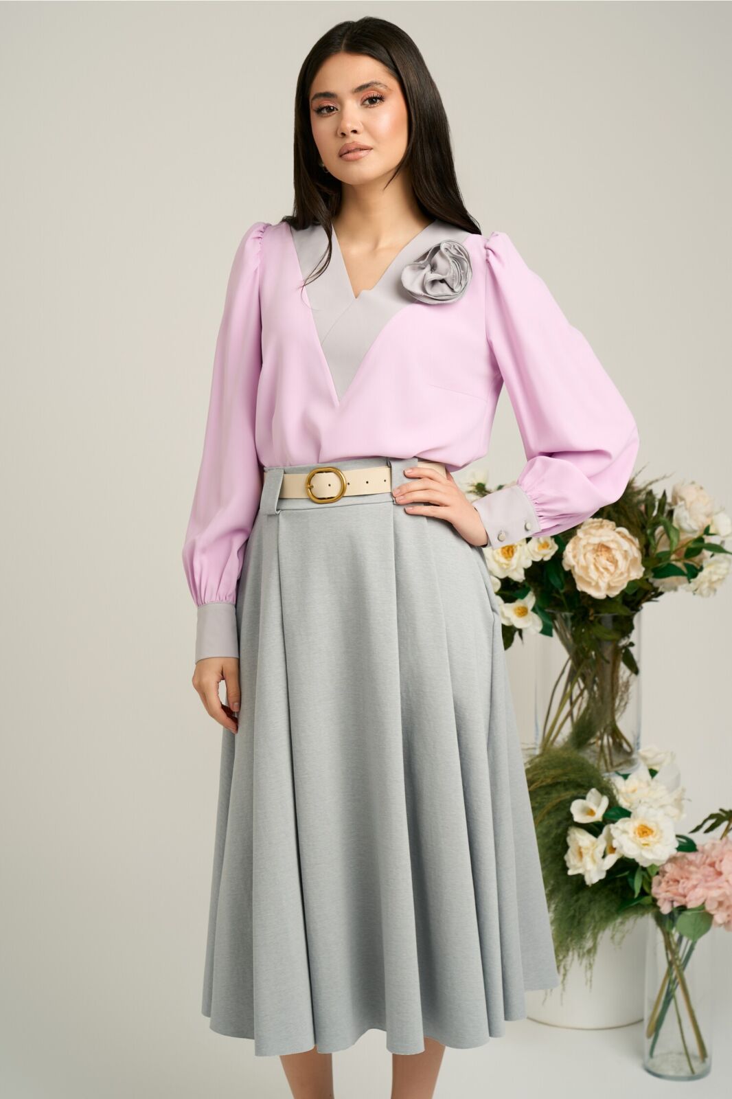 Black Friday Bluza Dy Fashion roz cu decolteu in V si detaliu la bust