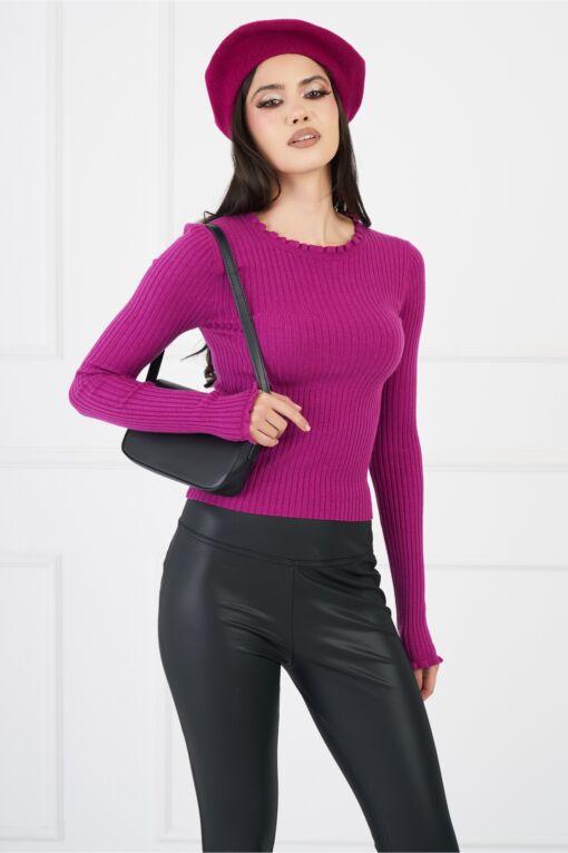 Black Friday 2022 Bluza Ella magenta din tricot reiat cu decolteu incretit