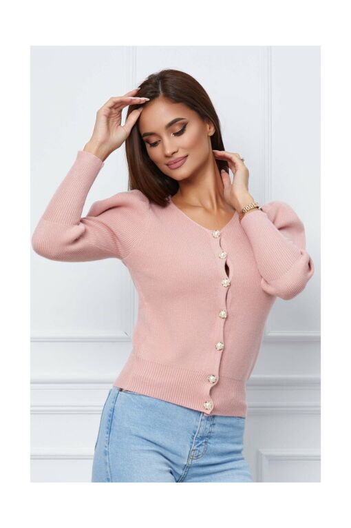 Black Friday 2022 Bluza Fiona roz din tricot cu nasturi perlati