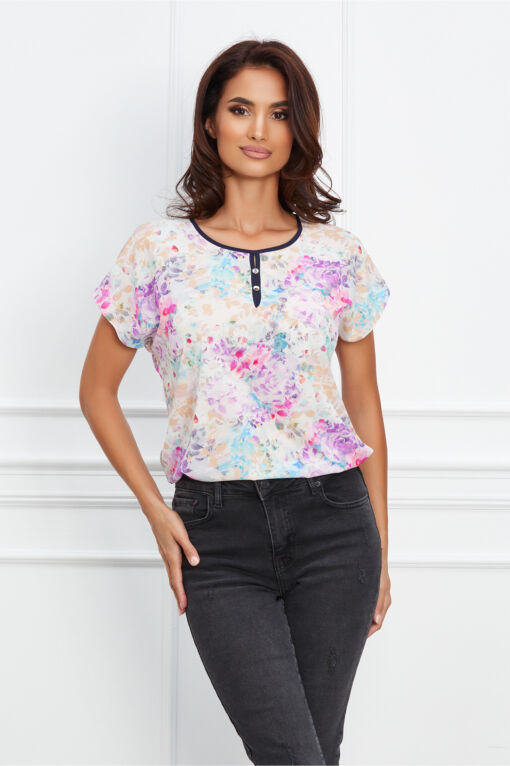Black Friday 2022 Bluza Gabrielle alba cu maneci scurte si flori lila