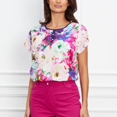 Black Friday 2022 Bluza Gabrielle alba cu maneci scurte si imprimeu fucsia