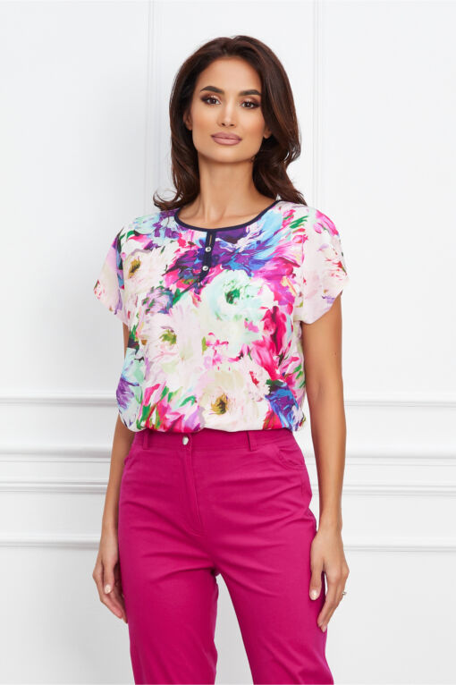 Black Friday 2022 Bluza Gabrielle alba cu maneci scurte si imprimeu fucsia