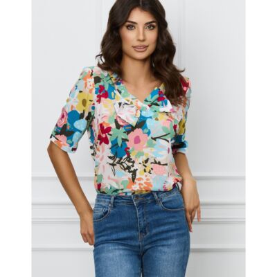 Black Friday Bluza Ioana cu imprimeu floral multicolor si funda la bust