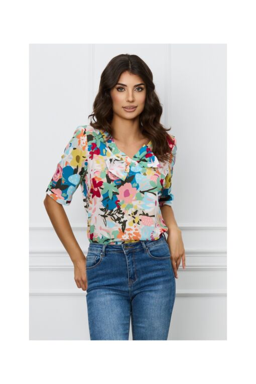 Black Friday Bluza Ioana cu imprimeu floral multicolor si funda la bust