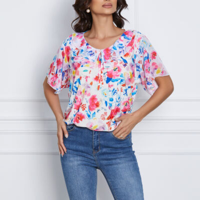 Black Friday 2022 Bluza Isabela alba cu imprimeu floral fucsia si maneci scurte