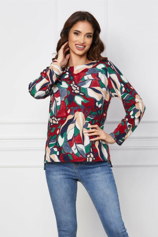 Black Friday 2022 Bluza Jessie bordo cu imprimeuri bej si turcoaz