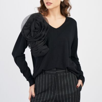 Black Friday 2022 Bluza Julia neagra cu floare maxi din organza