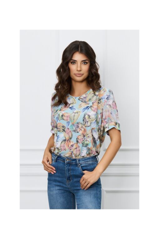 Black Friday Bluza Kara bleu cu imprimeu floral pixelat