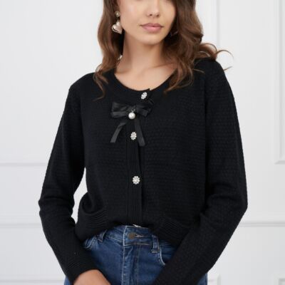 Black Friday 2022 Bluza Kara neagra din tricot cu nasturi si funda