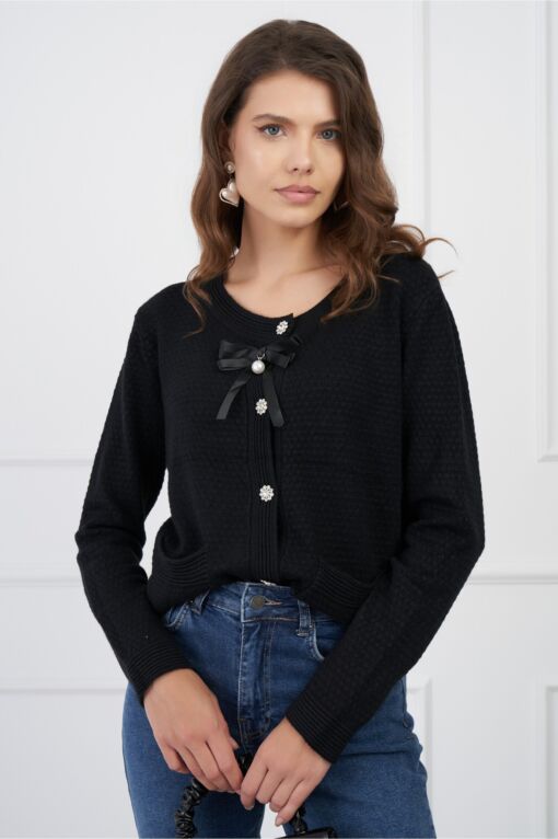 Black Friday 2022 Bluza Kara neagra din tricot cu nasturi si funda