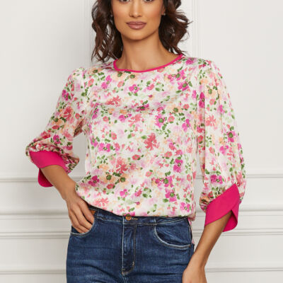Black Friday 2022 Bluza LaDonna alba cu imprimeuri florale fucsia