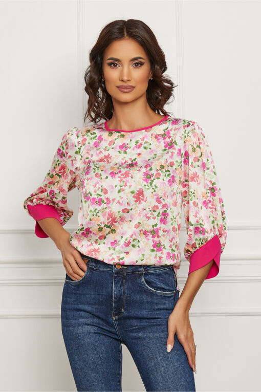 Black Friday 2022 Bluza LaDonna alba cu imprimeuri florale fucsia