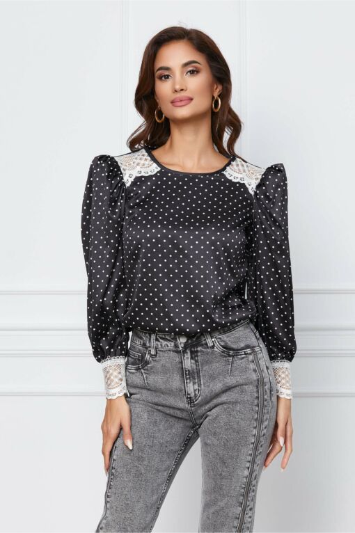 Black Friday 2022 Bluza LaDonna neagra cu buline albe si dantela la maneci