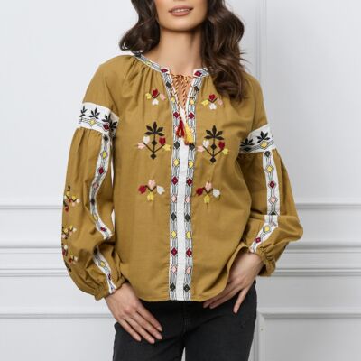 Black Friday 2022 Bluza Lidia maro cu broderie traditionala si ciucuri