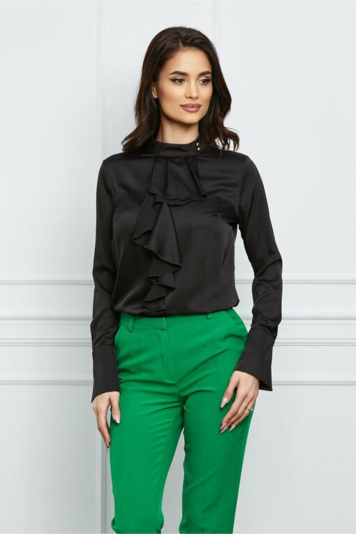 Black Friday Bluza MBG neagra satinata cu volan la bust