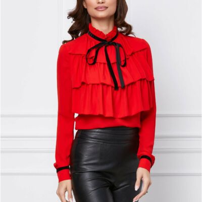 Black Friday Bluza MBG rosie cu volane si aplicatii din catifea neagra