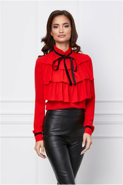 Black Friday Bluza MBG rosie cu volane si aplicatii din catifea neagra