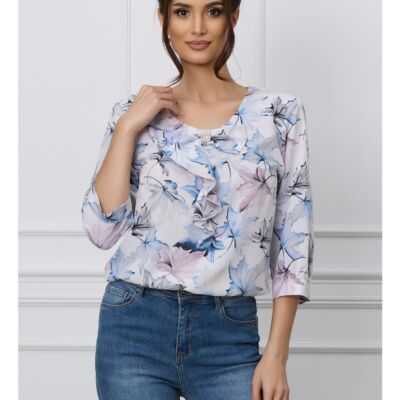 Black Friday Bluza Mara alba cu frunze albe si funda la bust
