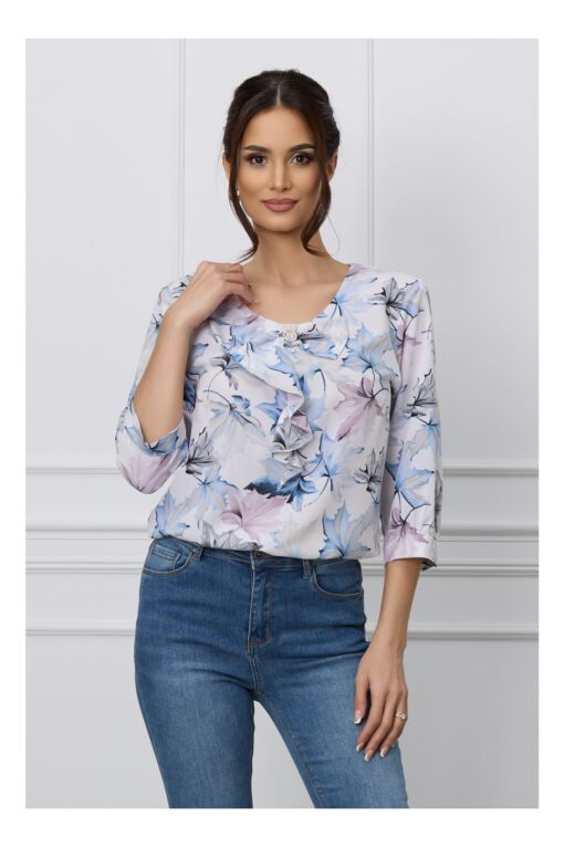 Black Friday Bluza Mara alba cu frunze albe si funda la bust