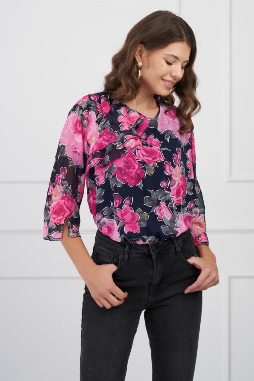Black Friday 2022 Bluza Milena bleumarin cu trandafiri roz