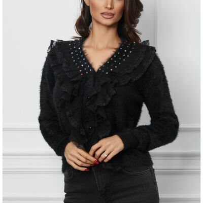 Black Friday Bluza Mirela neagra cu strasuri si volanase
