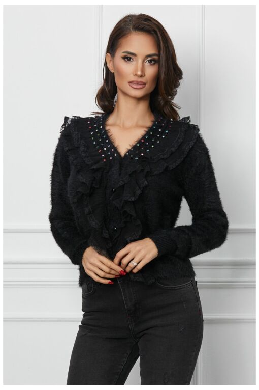 Black Friday Bluza Mirela neagra cu strasuri si volanase